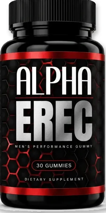 One Alpha Erec bottle: a black jar with a red honeycomb label, 30 gummies, dietary supplement.